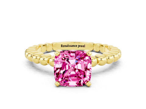 Yellow gold Cushion Cut Pink Sapphire Solitaire Ring with Beaded Band and Prong Setting