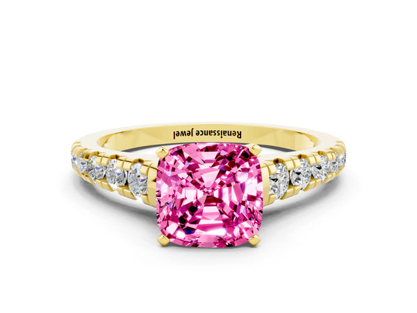 Yellow gold Cushion Cut Pink Sapphire Cathedral Solitaire Ring with Round  Pavé Band