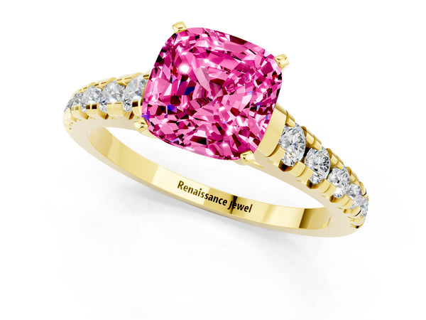 Yellow gold Cushion Cut Pink Sapphire Cathedral Solitaire Ring with Round  Pavé Band