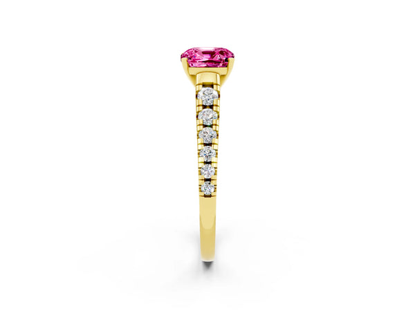 Yellow gold Cushion Cut Pink Sapphire Cathedral Solitaire Ring with Round  Pavé Band