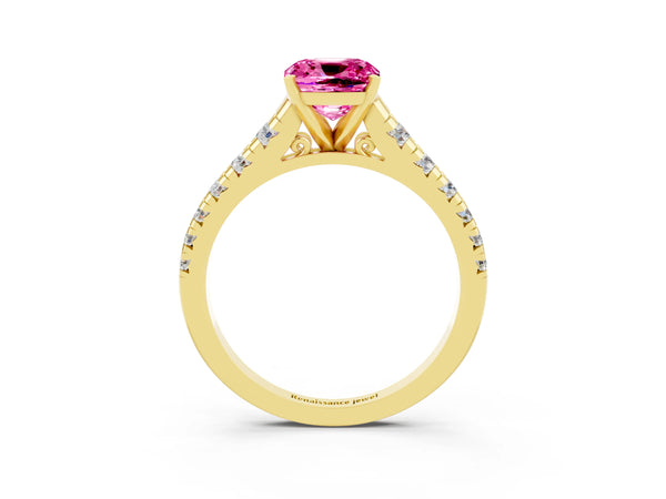 Yellow gold Cushion Cut Pink Sapphire Cathedral Solitaire Ring with Round  Pavé Band