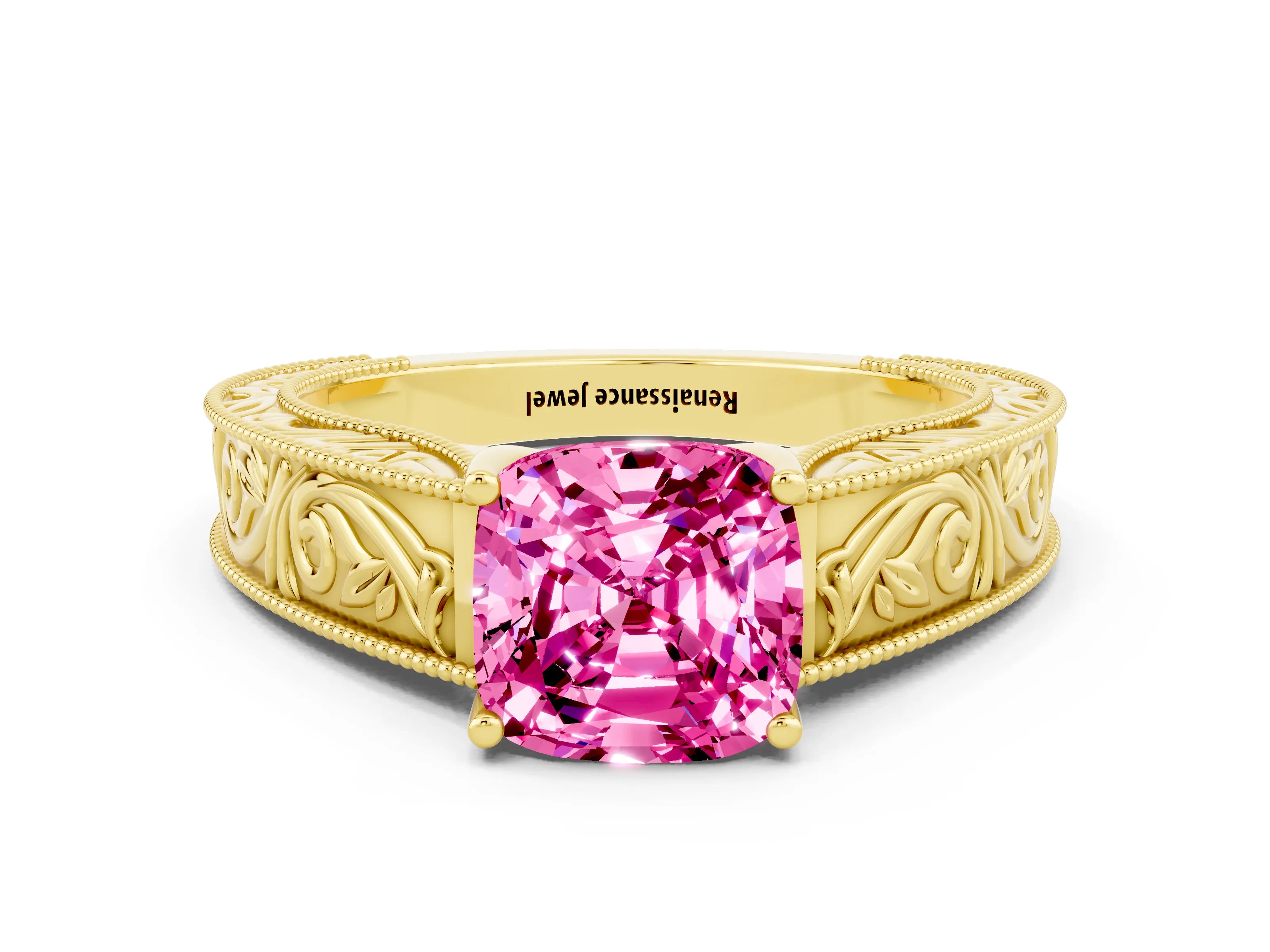 Yellow gold Cushion Cut Pink Sapphire Solitaire Ring with Engraved Band and Four-Prong Setting