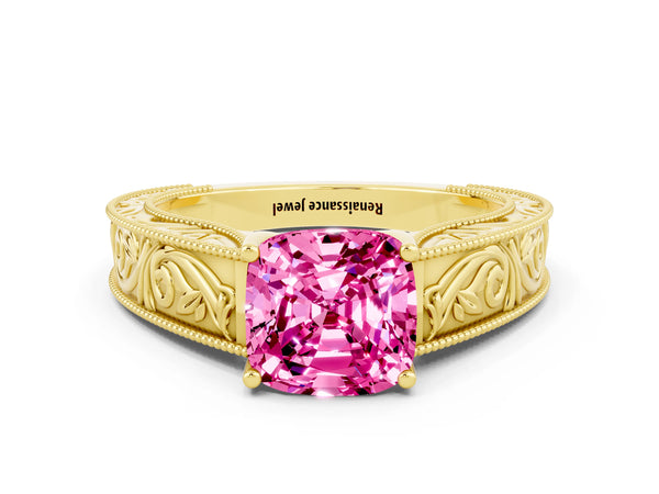 Yellow gold Cushion Cut Pink Sapphire Solitaire Ring with Engraved Band and Four-Prong Setting