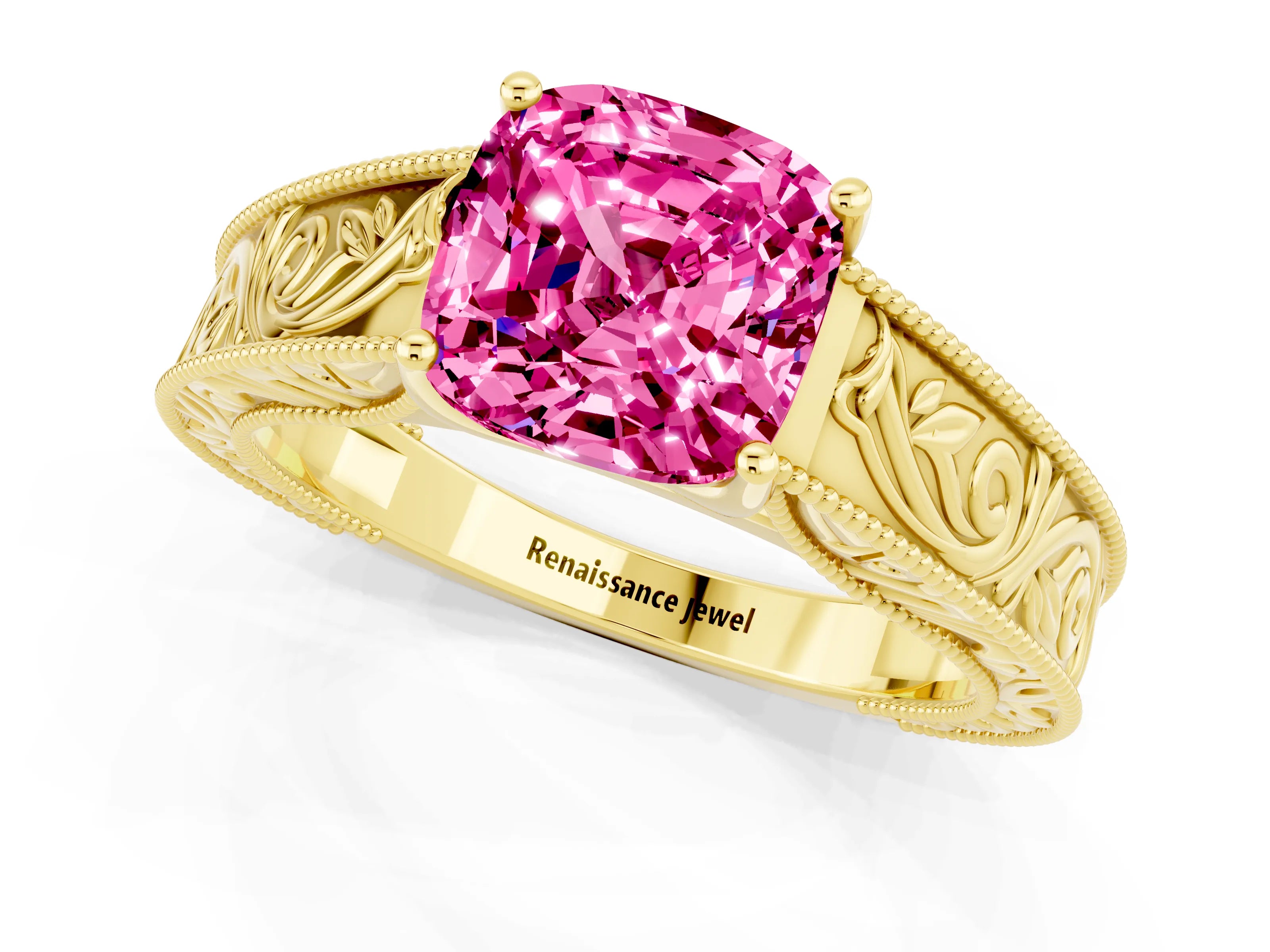 Yellow gold Cushion Cut Pink Sapphire Solitaire Ring with Engraved Band and Four-Prong Setting_1