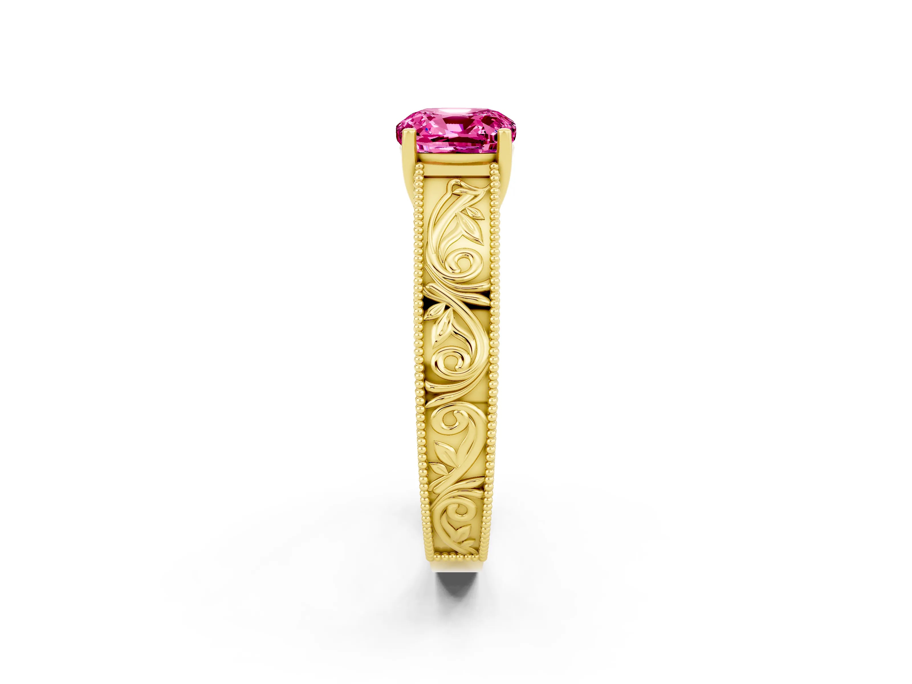 Yellow gold Cushion Cut Pink Sapphire Solitaire Ring with Engraved Band and Four-Prong Setting_2