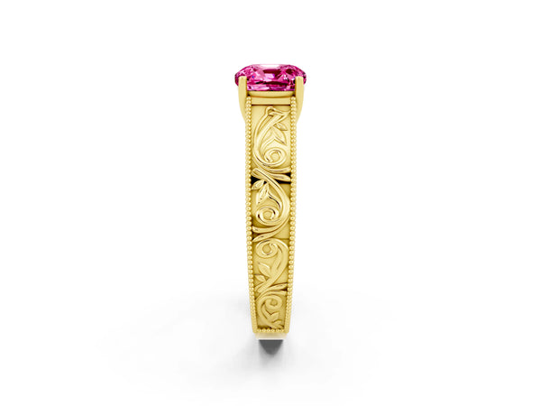 Yellow gold Cushion Cut Pink Sapphire Solitaire Ring with Engraved Band and Four-Prong Setting