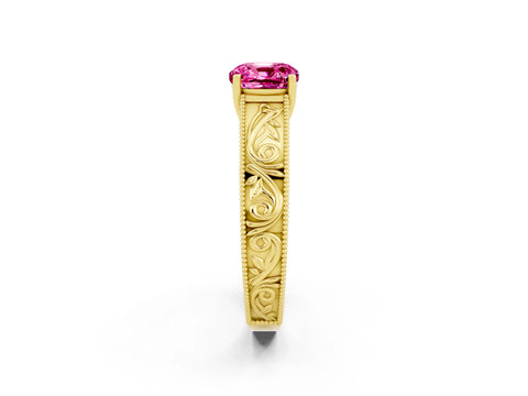Yellow gold Cushion Cut Pink Sapphire Solitaire Ring with Engraved Band and Four-Prong Setting_2
