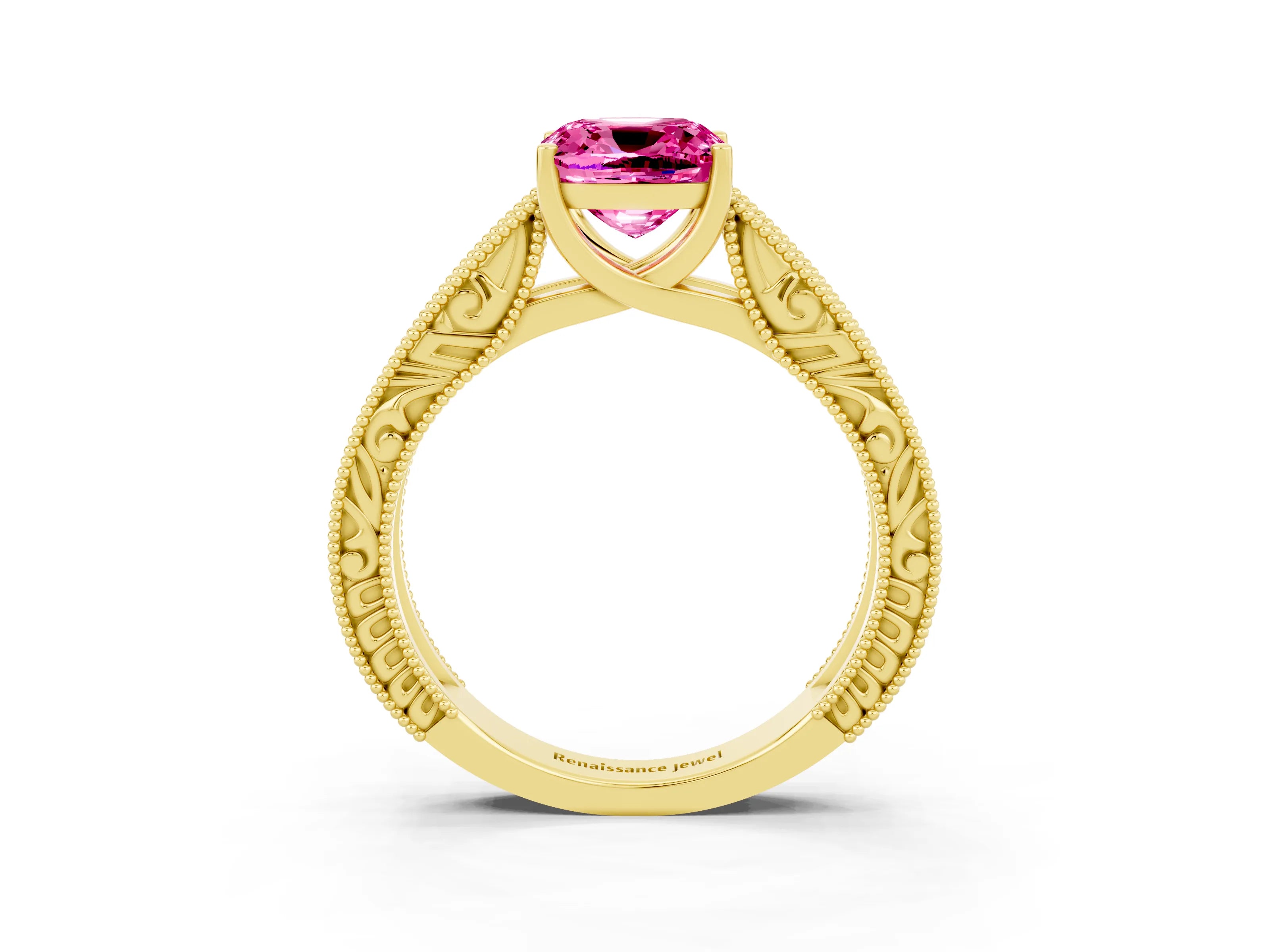 Yellow gold Cushion Cut Pink Sapphire Solitaire Ring with Engraved Band and Four-Prong Setting_3
