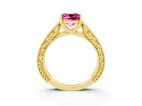 Yellow gold Cushion Cut Pink Sapphire Solitaire Ring with Engraved Band and Four-Prong Setting