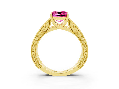 Yellow gold Cushion Cut Pink Sapphire Solitaire Ring with Engraved Band and Four-Prong Setting_3