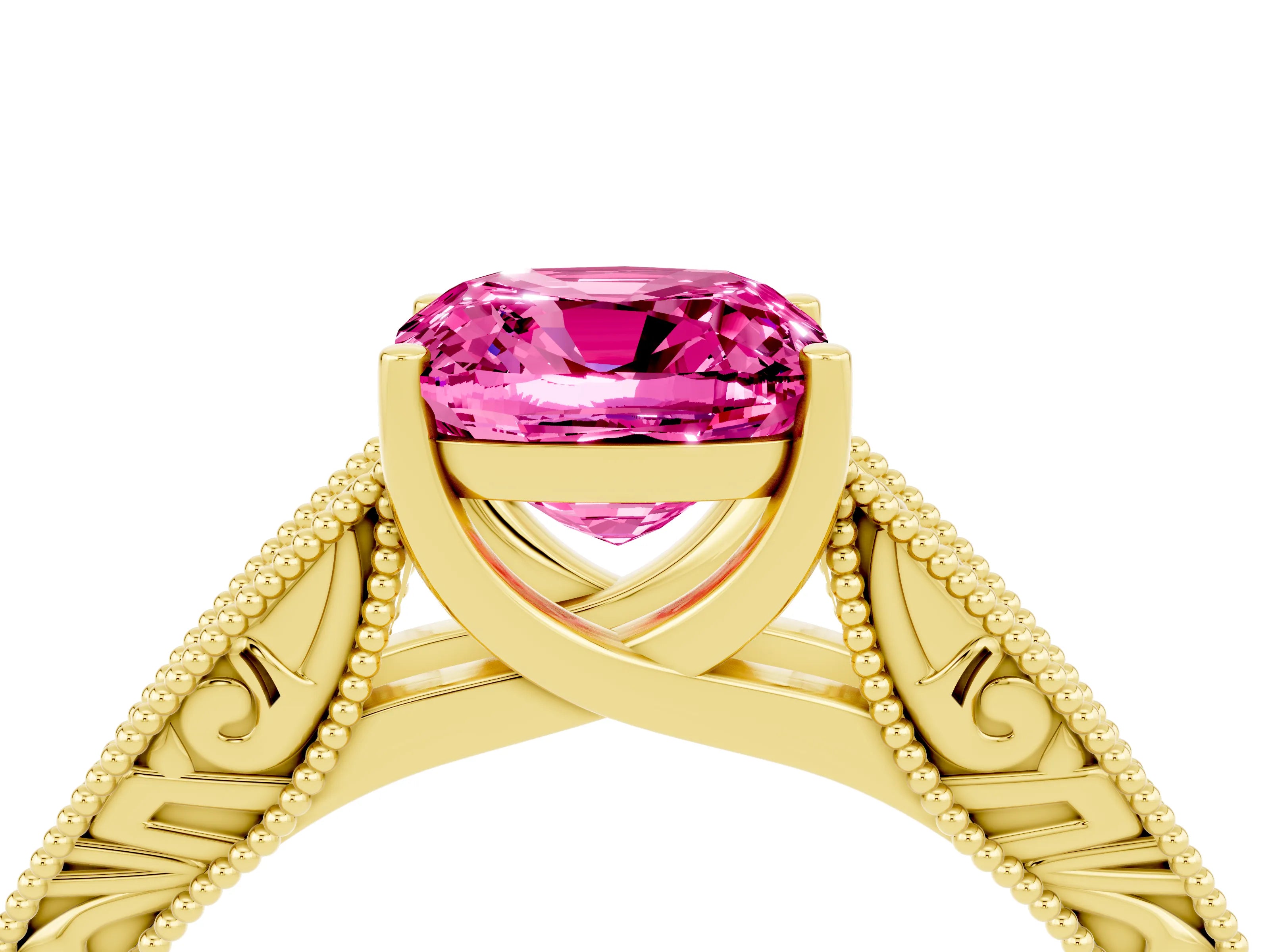 Yellow gold Cushion Cut Pink Sapphire Solitaire Ring with Engraved Band and Four-Prong Setting_4