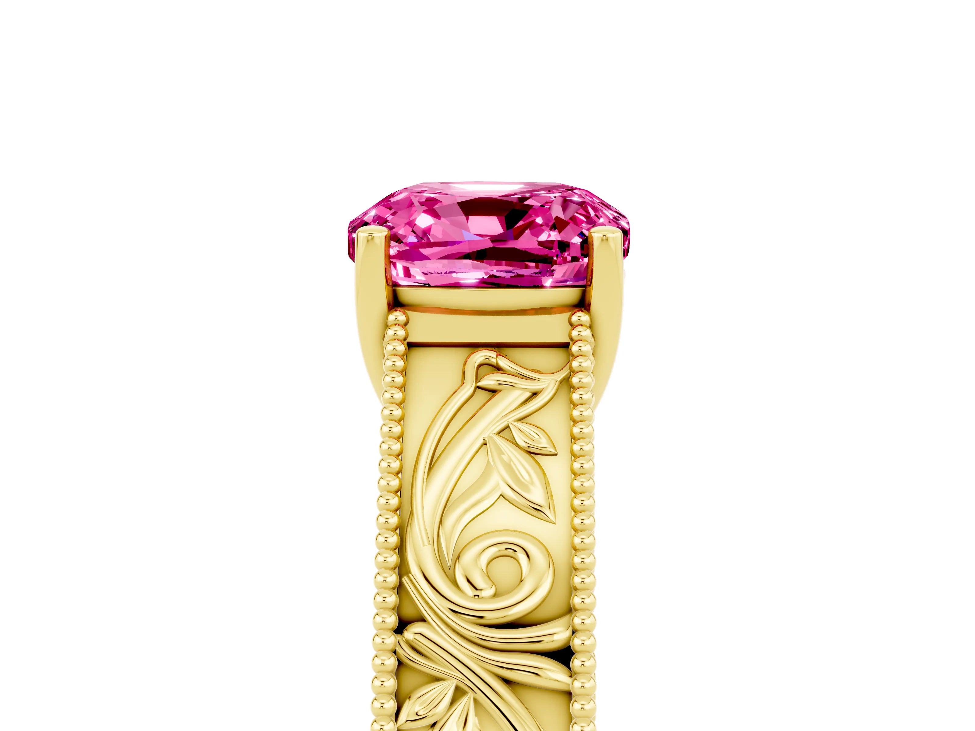 Yellow gold Cushion Cut Pink Sapphire Solitaire Ring with Engraved Band and Four-Prong Setting_5