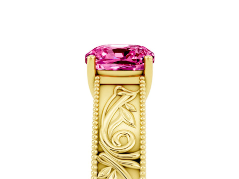 Yellow gold Cushion Cut Pink Sapphire Solitaire Ring with Engraved Band and Four-Prong Setting_5