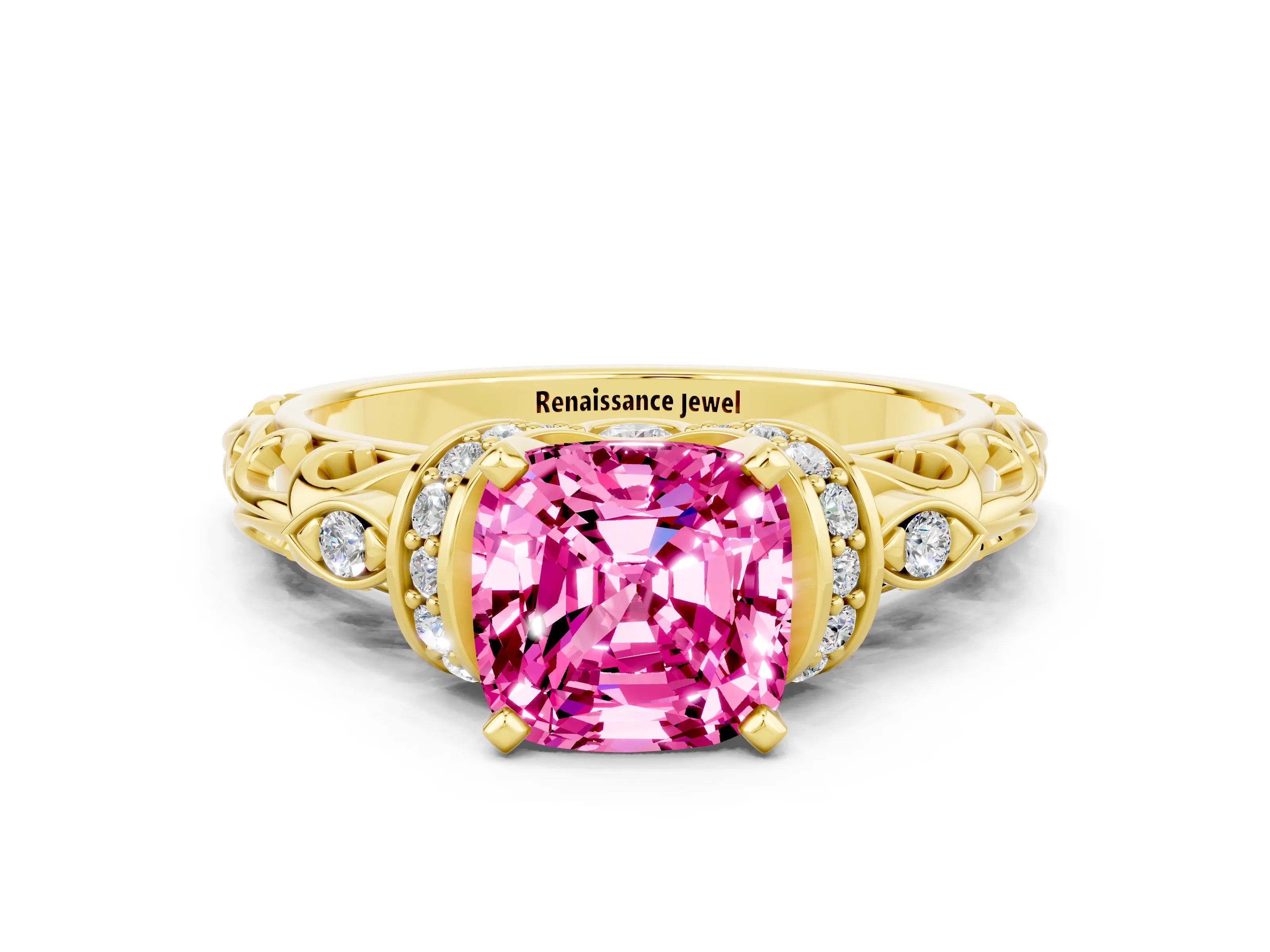 Yellow gold Cushion Cut Pink Sapphire Solitaire Ring with Filigree Band and Four-Prong Setting_48