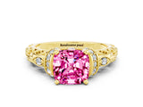 Yellow gold Cushion Cut Pink Sapphire Solitaire Ring with Filigree Band and Four-Prong Setting_48