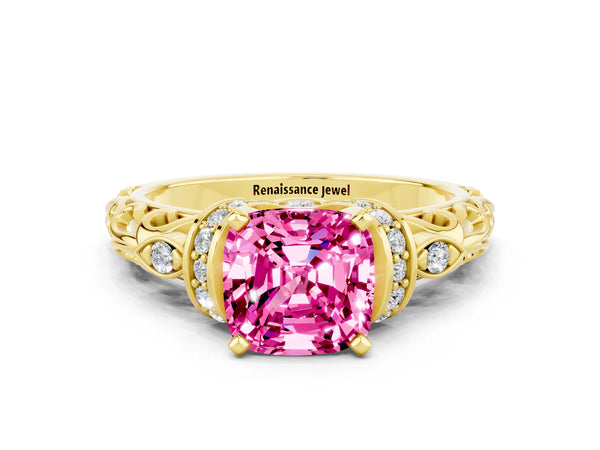 Yellow gold Cushion Cut Pink Sapphire Solitaire Ring with Filigree Band and Four-Prong Setting