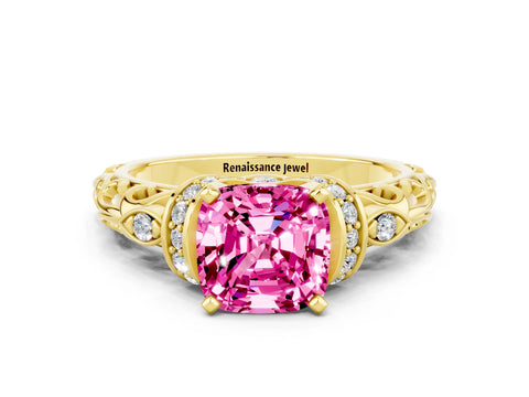 Yellow gold Cushion Cut Pink Sapphire Solitaire Ring with Filigree Band and Four-Prong Setting_48