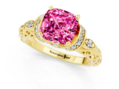 Yellow gold Cushion Cut Pink Sapphire Solitaire Ring with Filigree Band and Four-Prong Setting_49