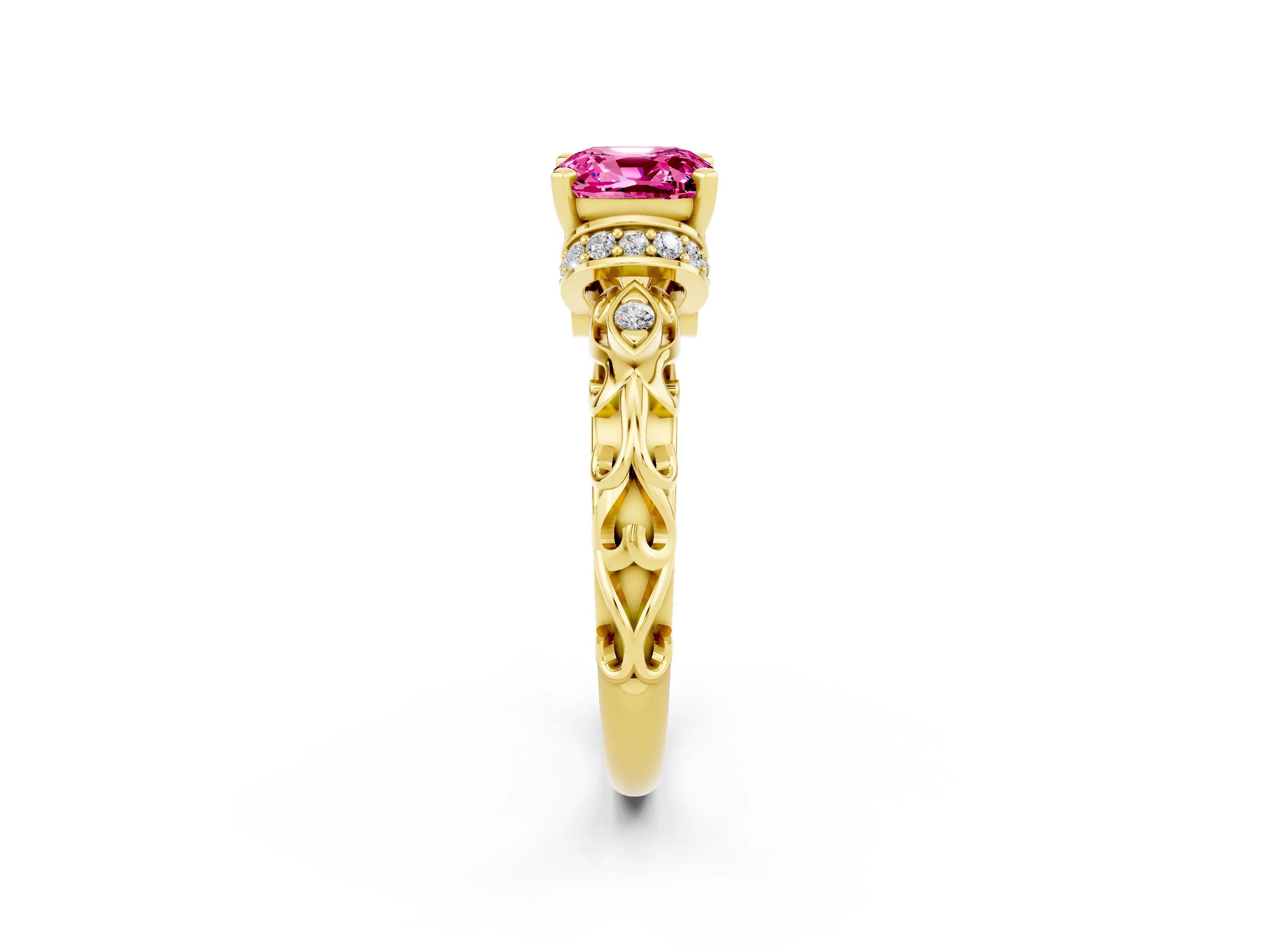 Yellow gold Cushion Cut Pink Sapphire Solitaire Ring with Filigree Band and Four-Prong Setting_50