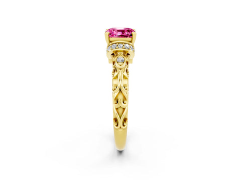 Yellow gold Cushion Cut Pink Sapphire Solitaire Ring with Filigree Band and Four-Prong Setting_50