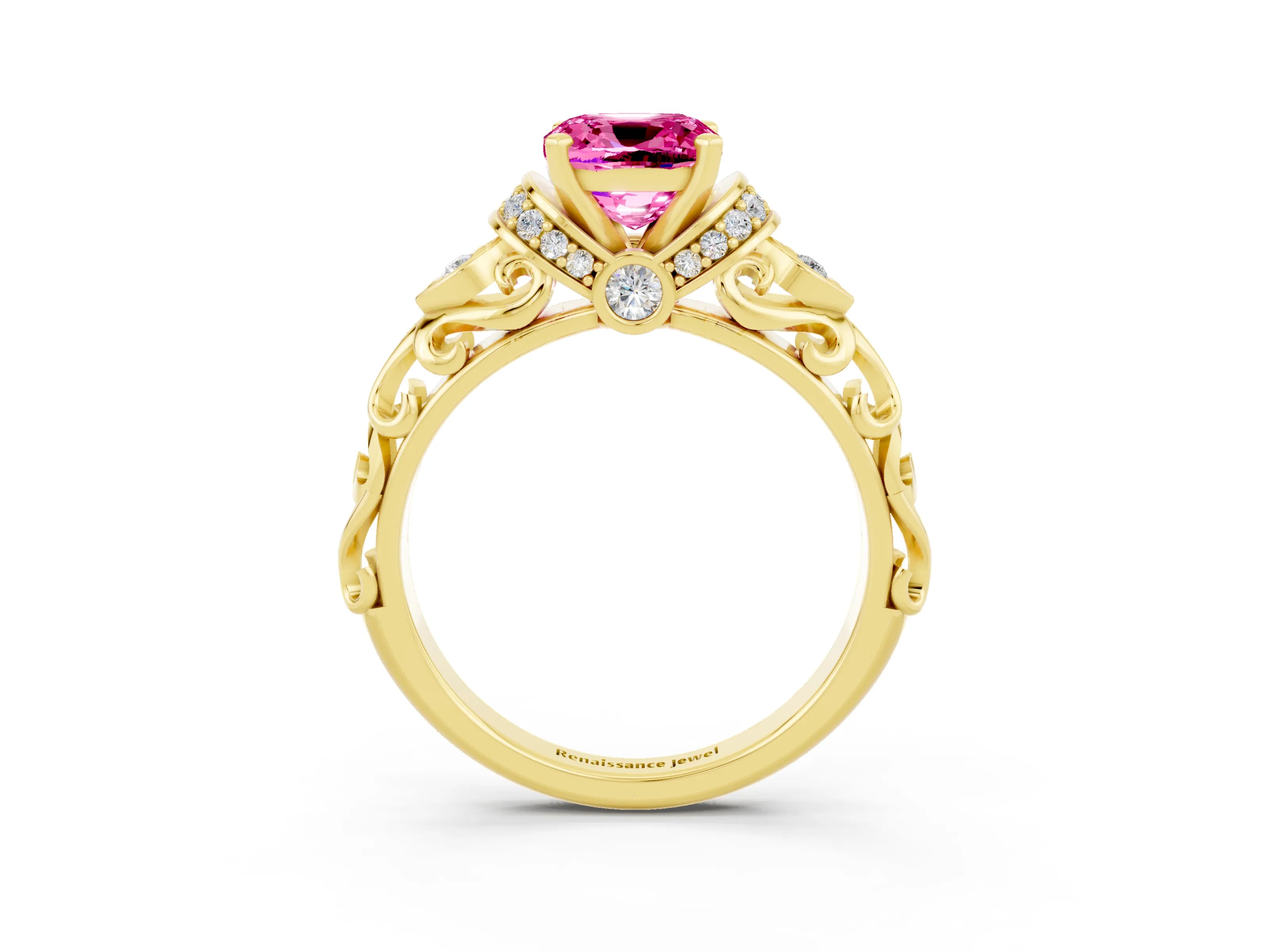 Yellow gold Cushion Cut Pink Sapphire Solitaire Ring with Filigree Band and Four-Prong Setting_51