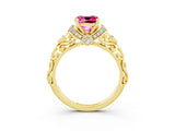 Yellow gold Cushion Cut Pink Sapphire Solitaire Ring with Filigree Band and Four-Prong Setting_51