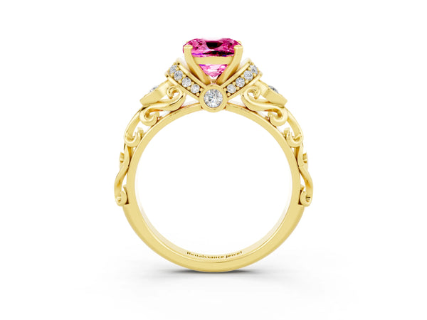 Yellow gold Cushion Cut Pink Sapphire Solitaire Ring with Filigree Band and Four-Prong Setting