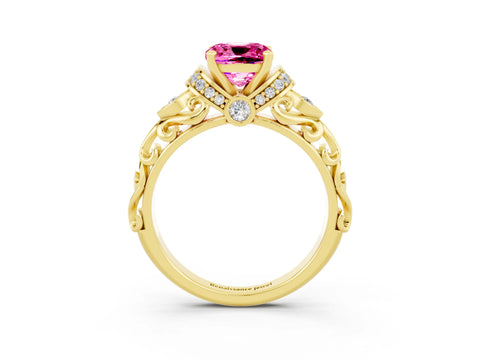 Yellow gold Cushion Cut Pink Sapphire Solitaire Ring with Filigree Band and Four-Prong Setting_51