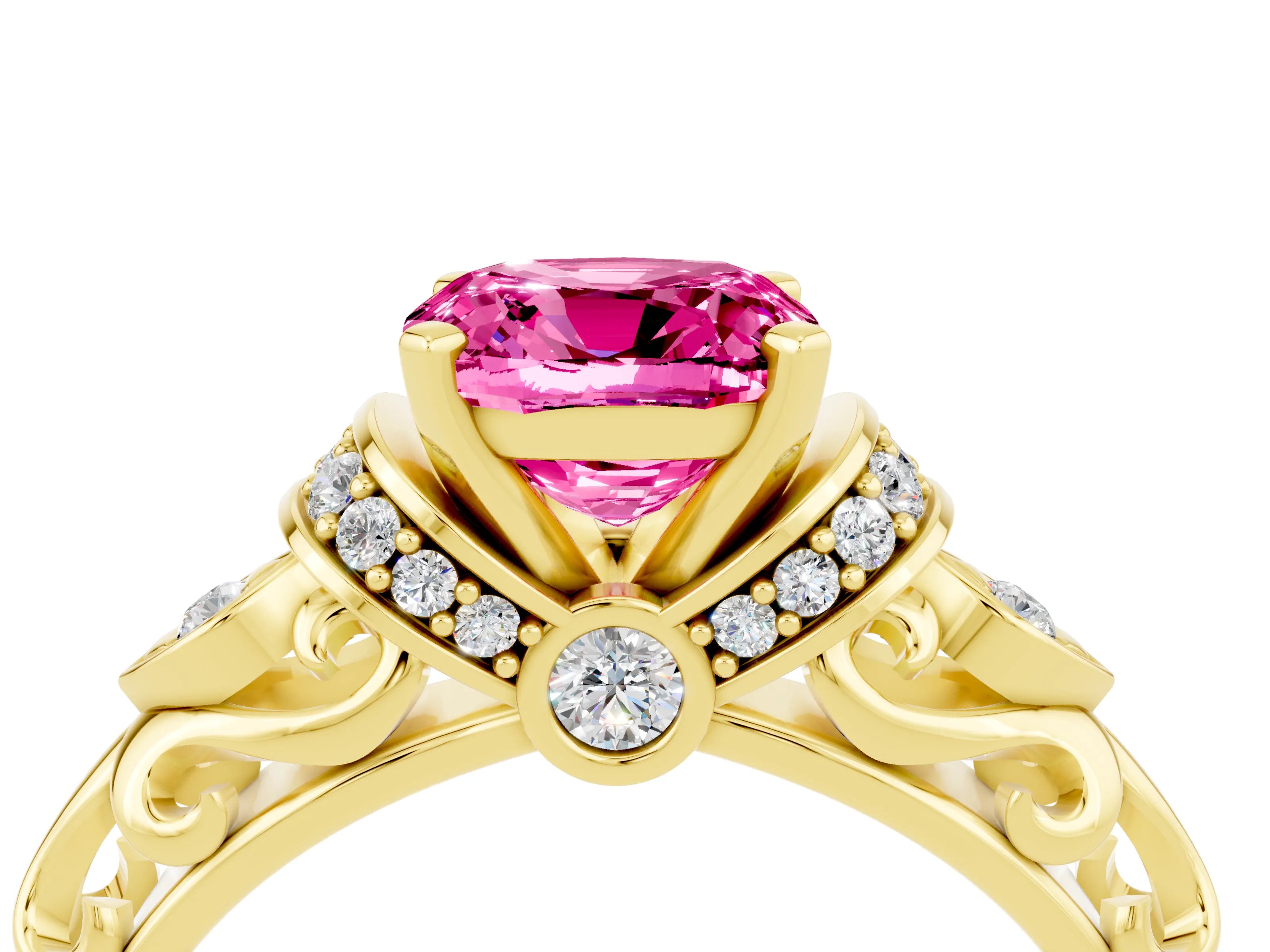 Yellow gold Cushion Cut Pink Sapphire Solitaire Ring with Filigree Band and Four-Prong Setting_52