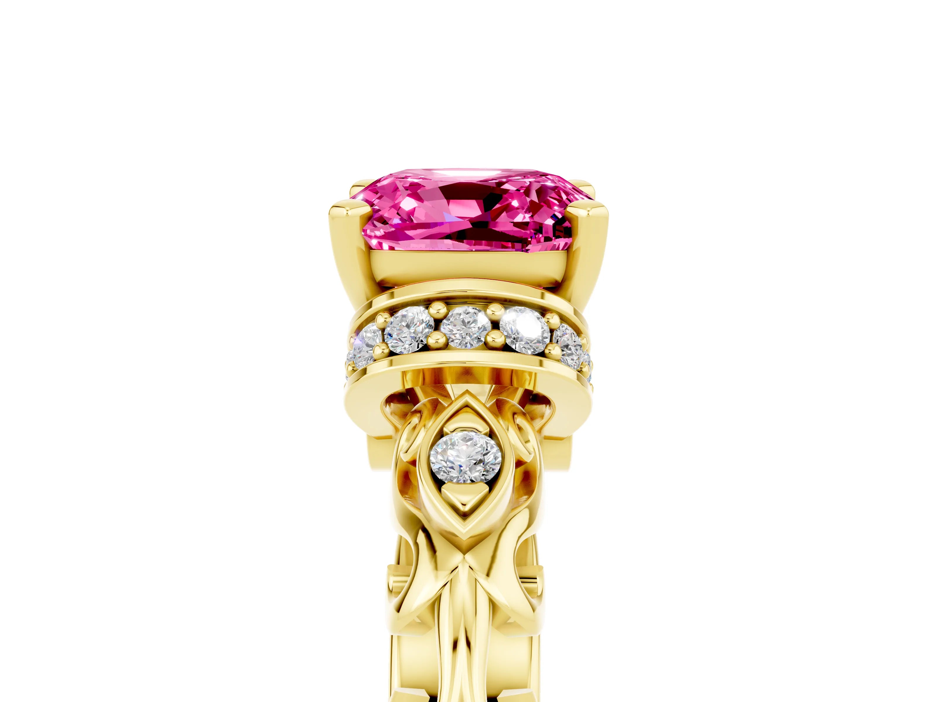 Yellow gold Cushion Cut Pink Sapphire Solitaire Ring with Filigree Band and Four-Prong Setting_53