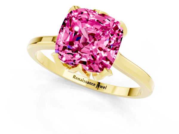 Yellow gold Cushion Cut Pink Sapphire Solitaire Ring with Flower Prong Setting and Classic Band