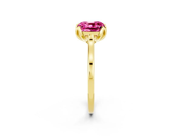 Yellow gold Cushion Cut Pink Sapphire Solitaire Ring with Flower Prong Setting and Classic Band