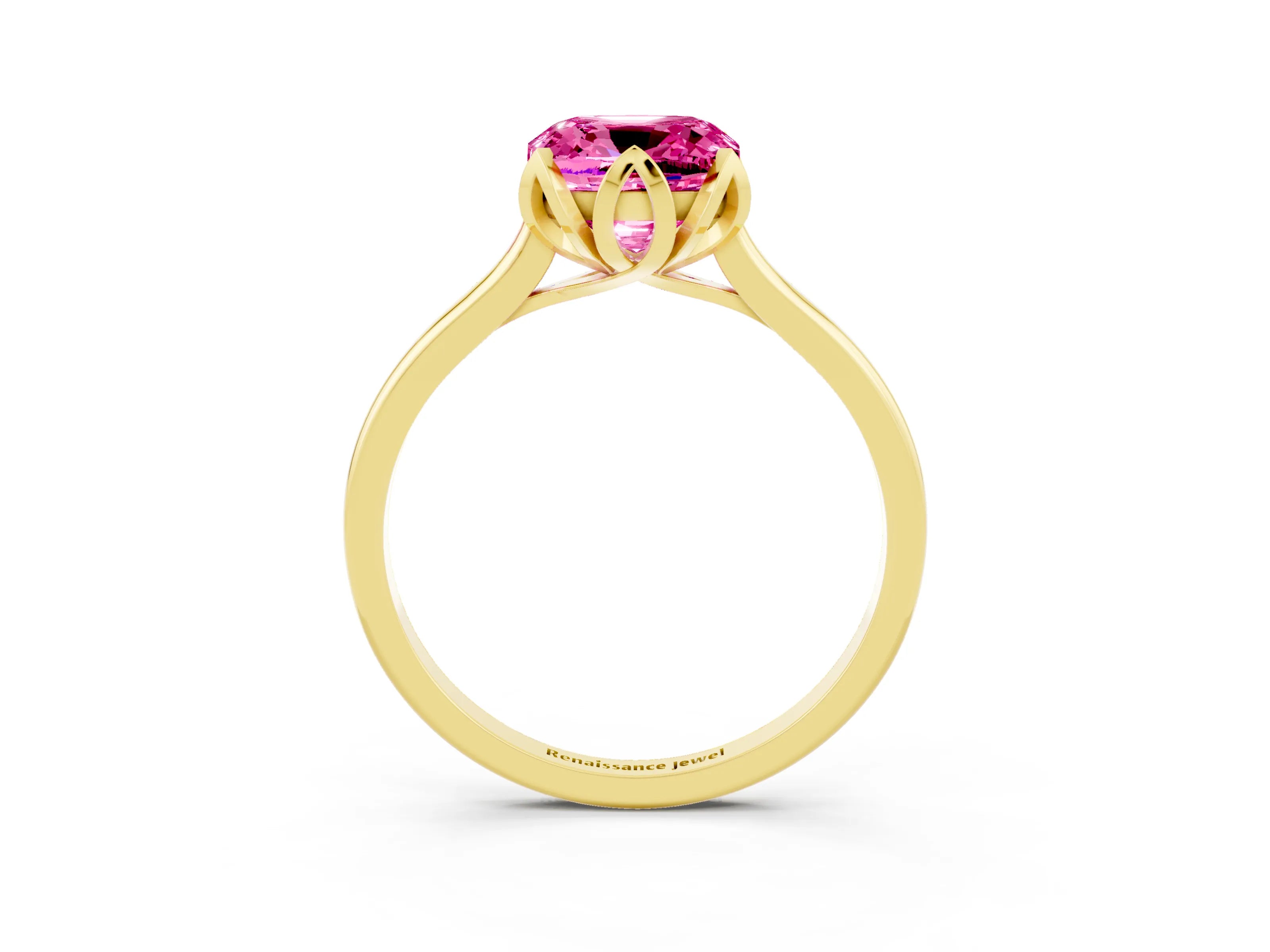 Yellow gold Cushion Cut Pink Sapphire Solitaire Ring with Flower Prong Setting and Classic Band_15