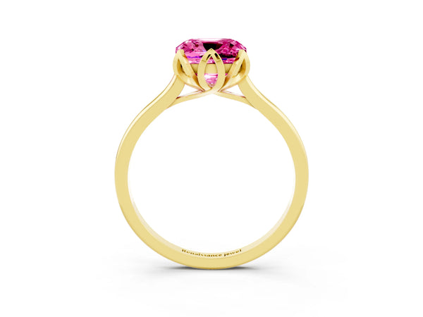 Yellow gold Cushion Cut Pink Sapphire Solitaire Ring with Flower Prong Setting and Classic Band