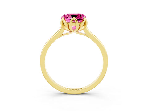 Yellow gold Cushion Cut Pink Sapphire Solitaire Ring with Flower Prong Setting and Classic Band_15