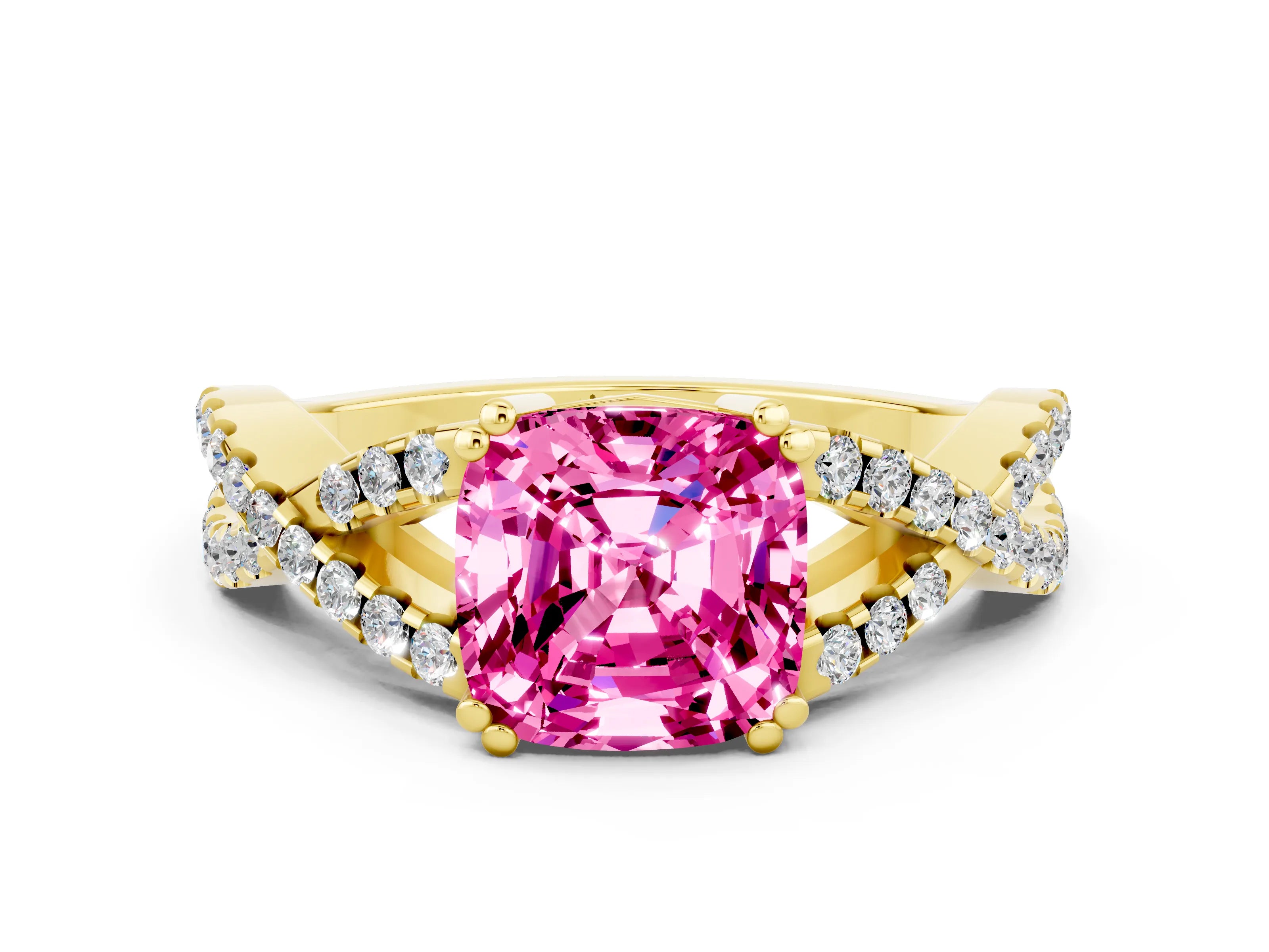Yellow gold Cushion Cut Pink Sapphire Solitaire Ring with Four-Prong Setting and Twisted Pavé Band_12