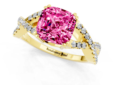 Yellow gold Cushion Cut Pink Sapphire Solitaire Ring with Four-Prong Setting and Twisted Pavé Band_13