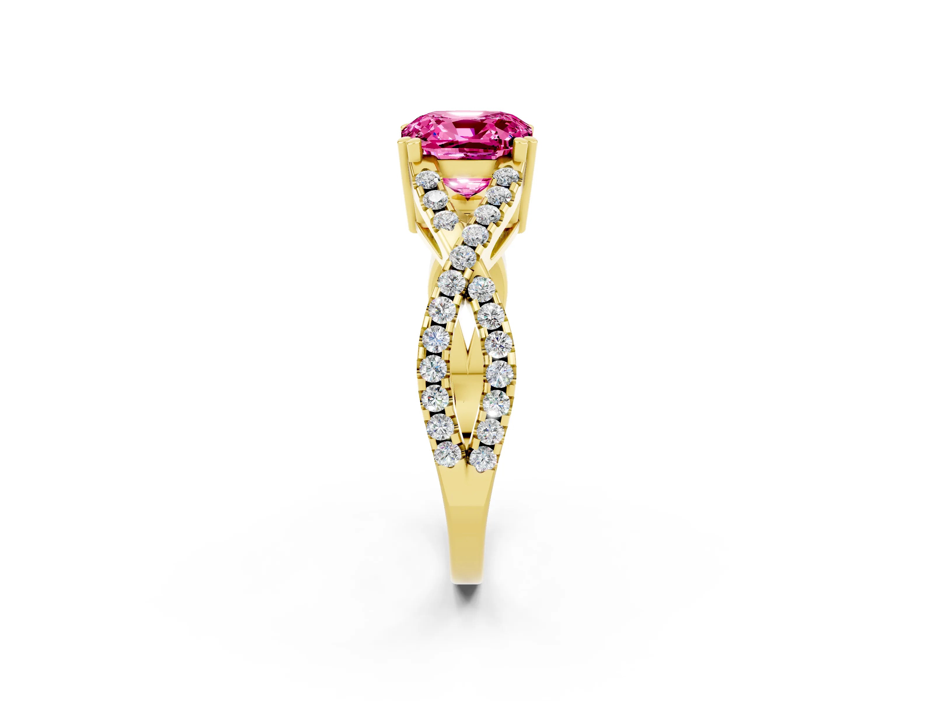 Yellow gold Cushion Cut Pink Sapphire Solitaire Ring with Four-Prong Setting and Twisted Pavé Band_14
