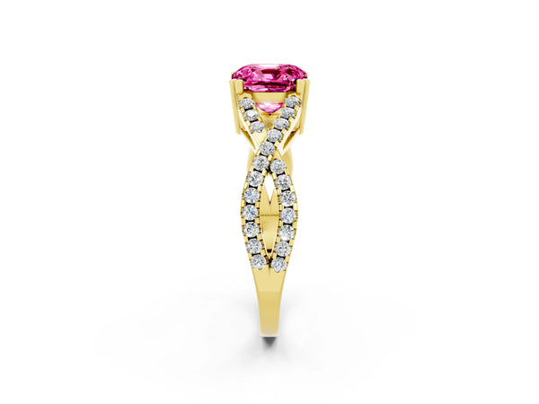 Yellow gold Cushion Cut Pink Sapphire Solitaire Ring with Four-Prong Setting and Twisted Pavé Band