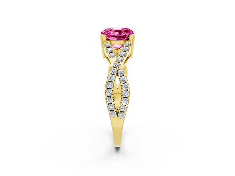 Yellow gold Cushion Cut Pink Sapphire Solitaire Ring with Four-Prong Setting and Twisted Pavé Band_14