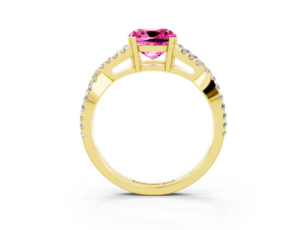 Yellow gold Cushion Cut Pink Sapphire Solitaire Ring with Four-Prong Setting and Twisted Pavé Band