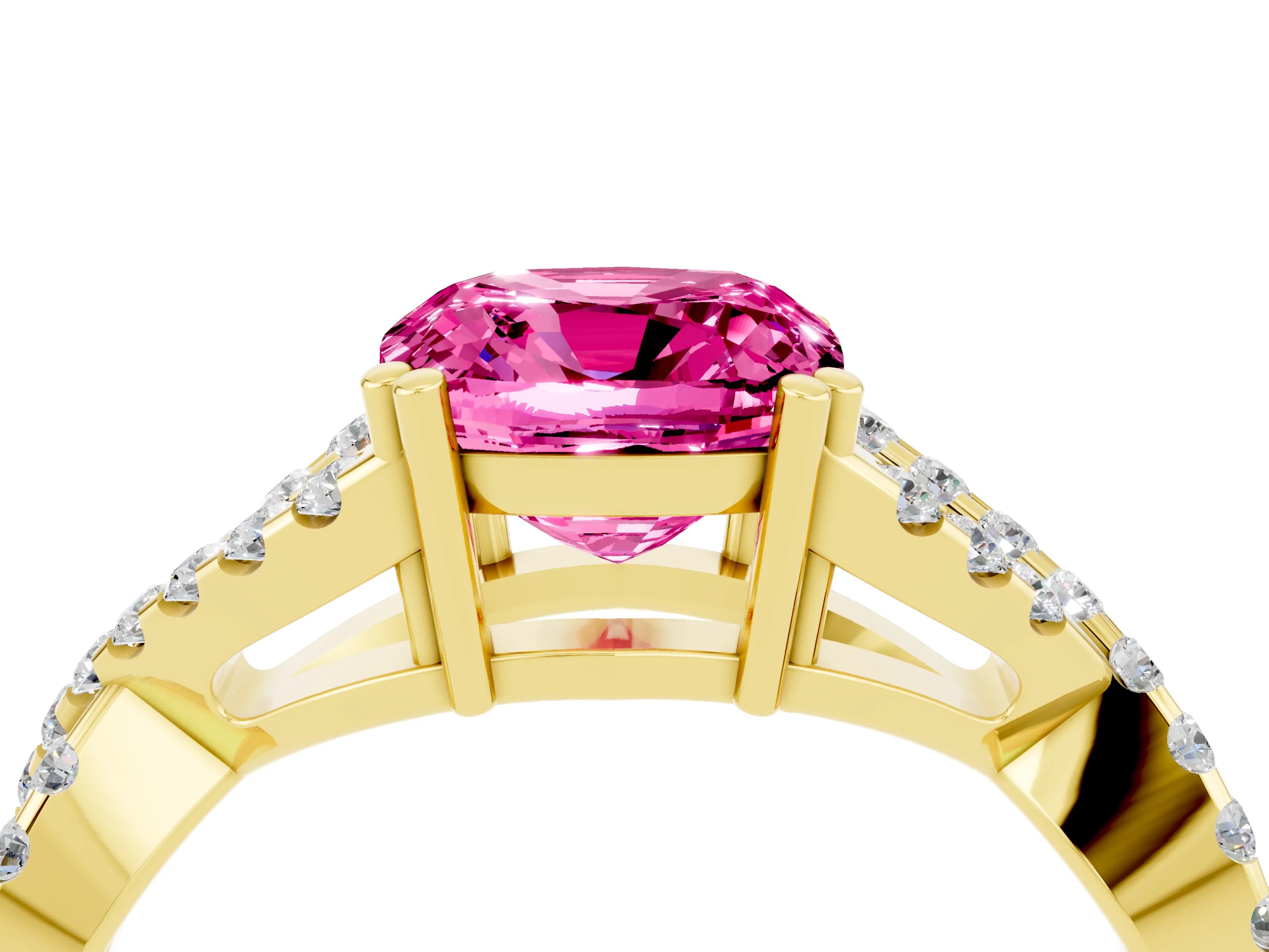 Yellow gold Cushion Cut Pink Sapphire Solitaire Ring with Four-Prong Setting and Twisted Pavé Band_16