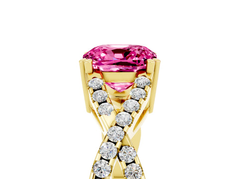 Yellow gold Cushion Cut Pink Sapphire Solitaire Ring with Four-Prong Setting and Twisted Pavé Band_17