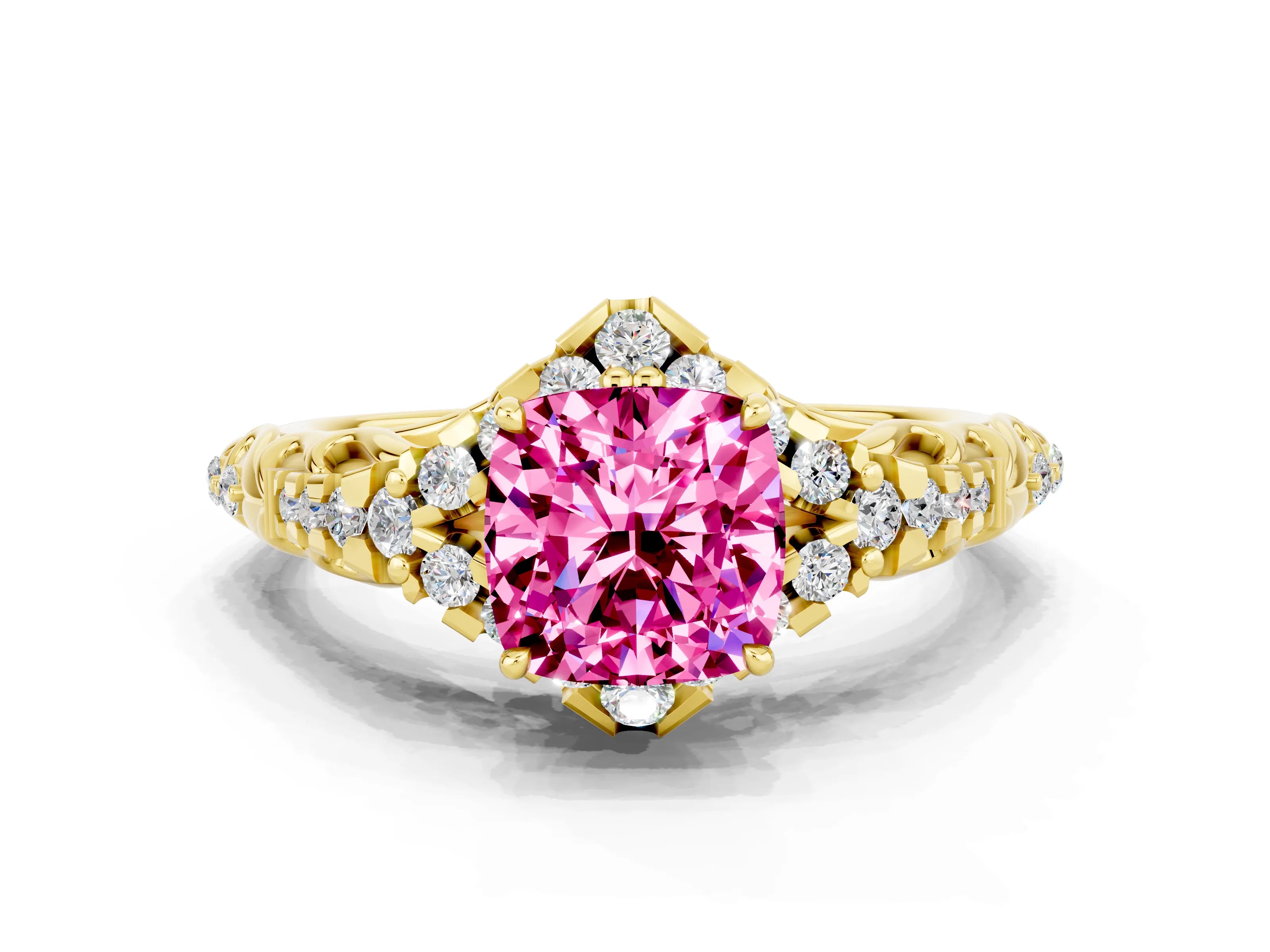 Yellow gold Cushion Cut Pink Sapphire Solitaire Ring with Hidden Halo and Pavé Band_12