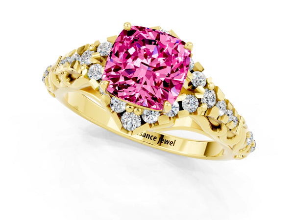 Yellow gold Cushion Cut Pink Sapphire Solitaire Ring with Hidden Halo and Pavé Band