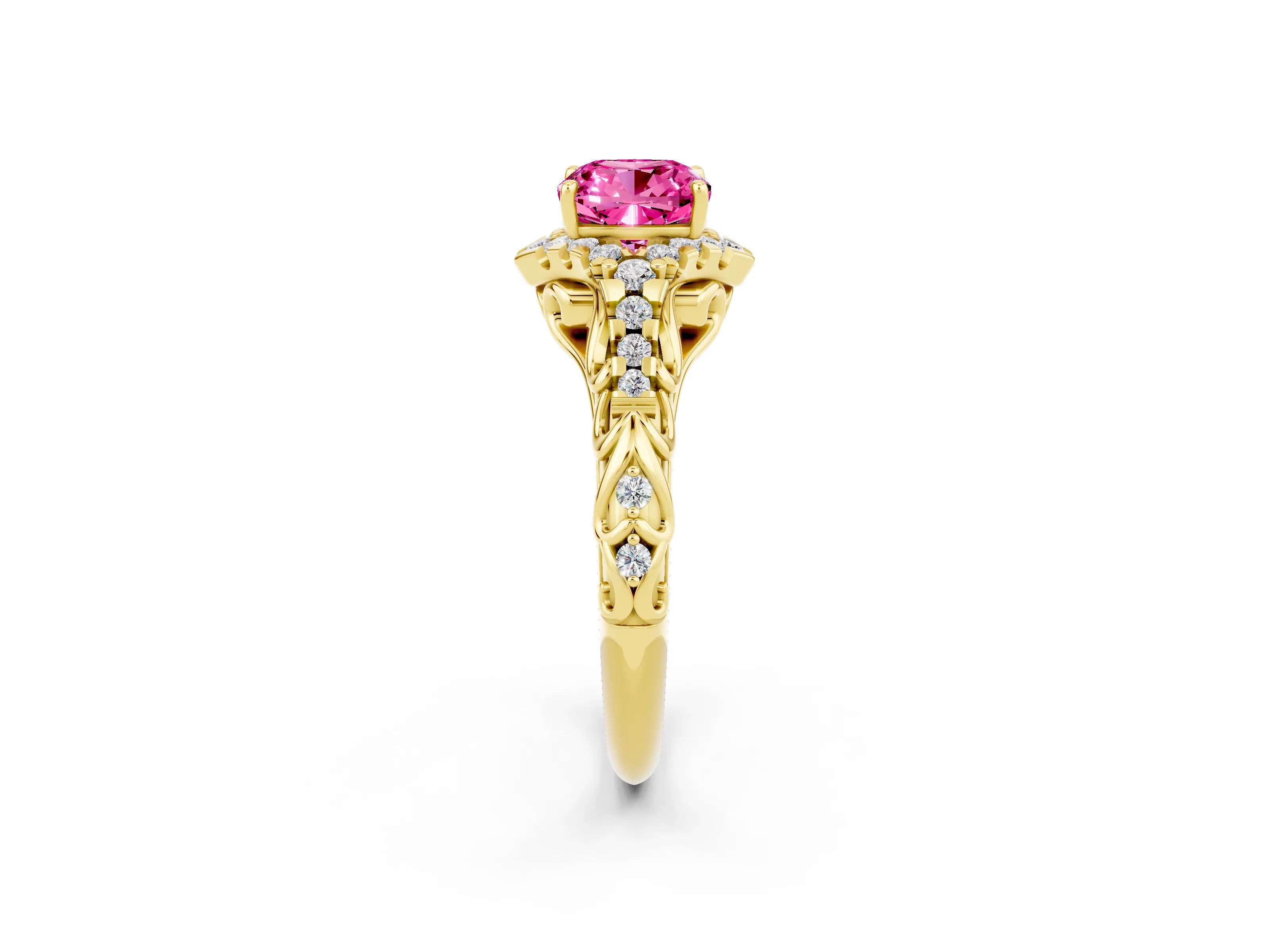 Yellow gold Cushion Cut Pink Sapphire Solitaire Ring with Hidden Halo and Pavé Band_14