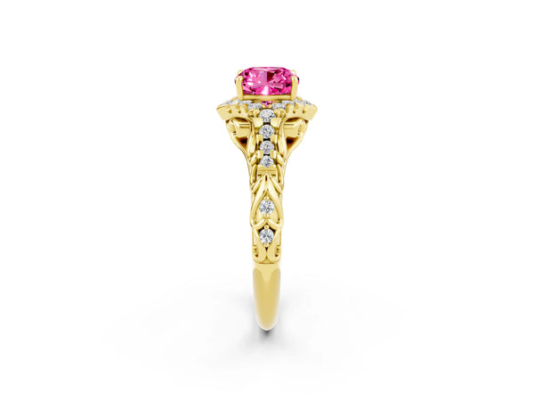 Yellow gold Cushion Cut Pink Sapphire Solitaire Ring with Hidden Halo and Pavé Band