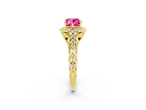 Yellow gold Cushion Cut Pink Sapphire Solitaire Ring with Hidden Halo and Pavé Band_14