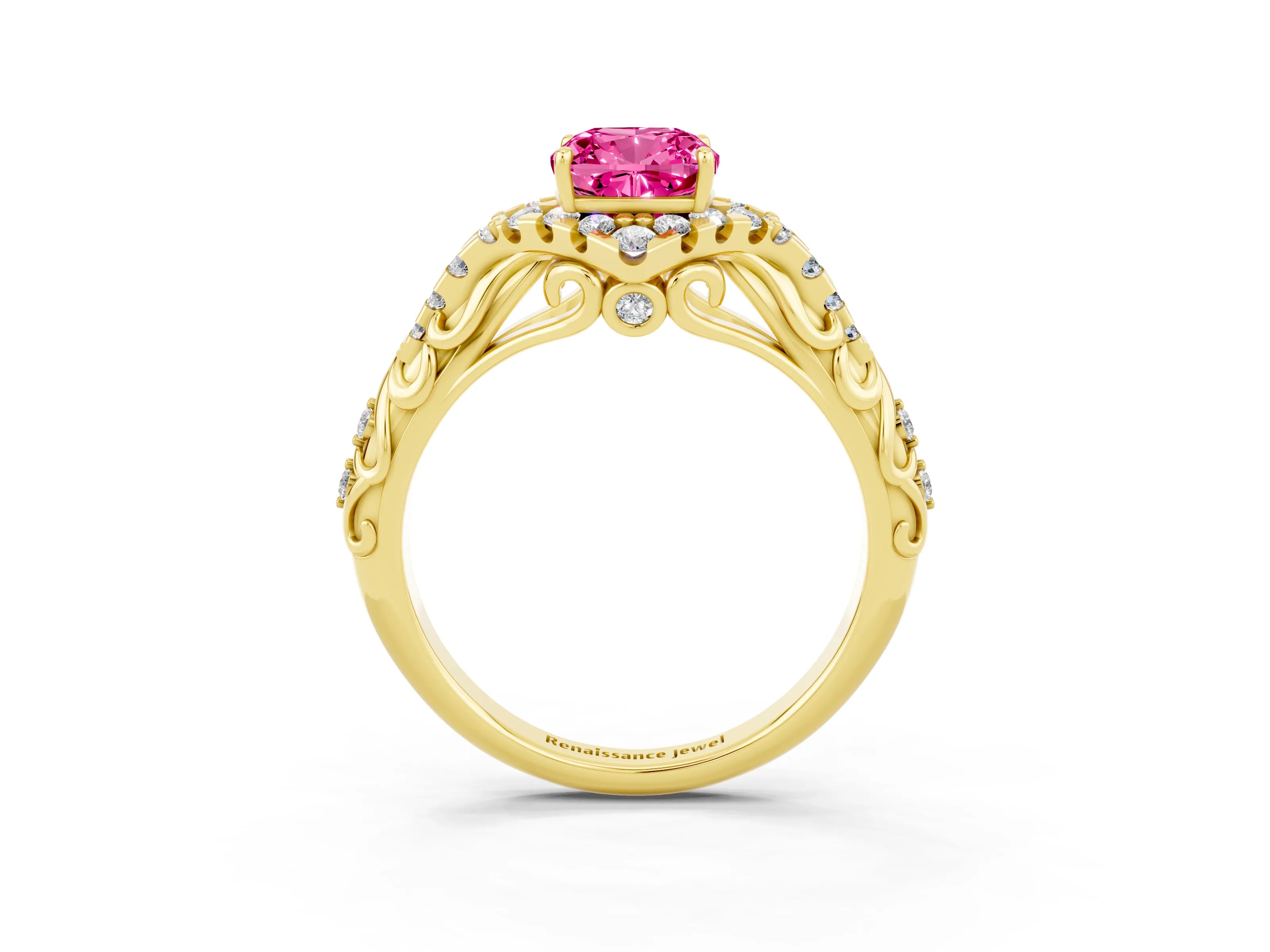 Yellow gold Cushion Cut Pink Sapphire Solitaire Ring with Hidden Halo and Pavé Band_15