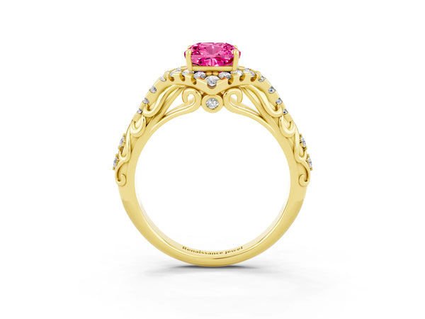Yellow gold Cushion Cut Pink Sapphire Solitaire Ring with Hidden Halo and Pavé Band